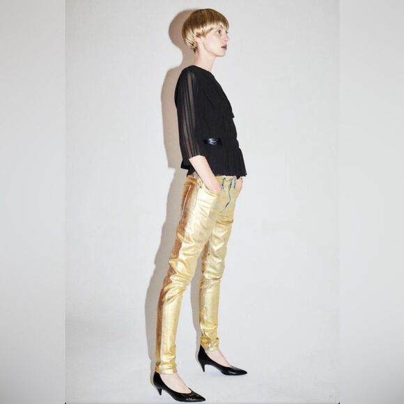 TRE by Natalie Ratabesi Gold Edith Metallic Coated Slim Jeans Sz 26 NWT - Picture 4 of 7